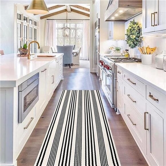 Black & White Striped24'' x 51'' Front Porch Rug Hand-Woven Machine Washable Mat - Picture 6 of 6